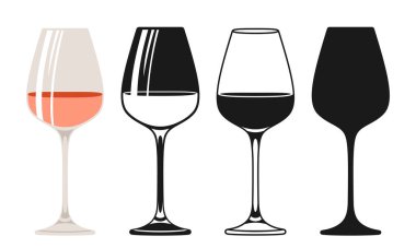 Şarap kadehi pembe şarap seti. Cam tasarım sembolü, siluet, ikon, pul oymalı alkol gül içecekleri. Kafe, bar restoranı menüsü, davetiye parti vektörü için şarap yapımı reklam tasarımı