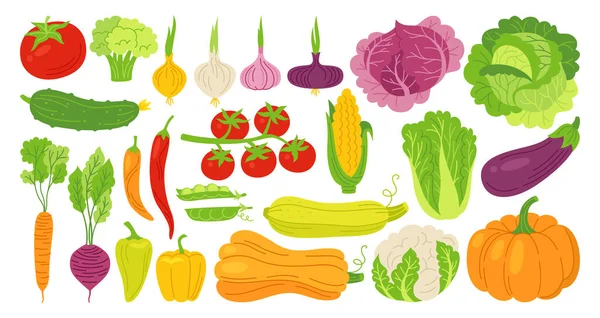 Vegetais Desenhado Desenho Animado Conjunto Estilo Alimentação Saudável Coleta Vegetais —  Vetores de Stock