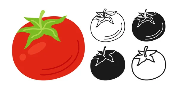 Tomate Cartoon Lineare Symbolset Doodle Stil Gravur Silhouette Frische Tomaten — Stockvektor