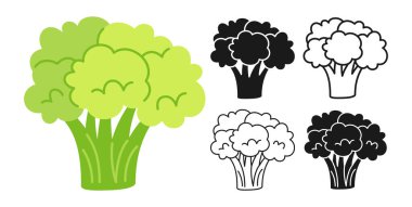 Brokoli çizgi film çizgisel sembol seti, karalama stili, oymalı siluet. Taze saplı brokoli sebze ikonu organik sağlıklı gıda tasarımı. Tarımsal vejetaryen mutfağı, tarım pazarı menüsü taşıyıcısı