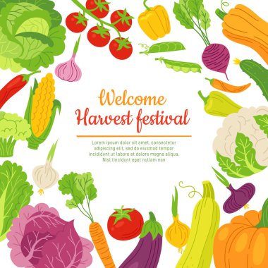 Hasat Festivali 'ne hoş geldiniz çizgi film sebzeleri. Tarım reklamının afiş şablonu ve sağlıklı diyet yemekleri. Organik pişirme poster tasarımı, tarım ürünleri sebzeleri arka plan vektörü