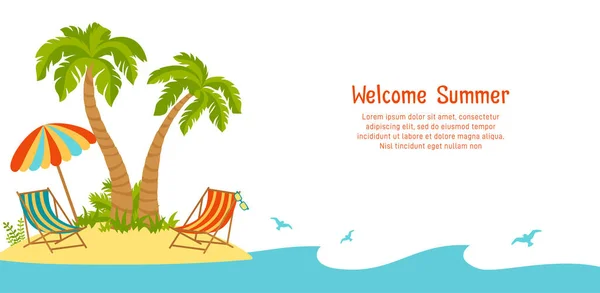 Bienvenue Bannière Été Fond Plage Île Palmiers Tropicaux Sable Marin — Image vectorielle