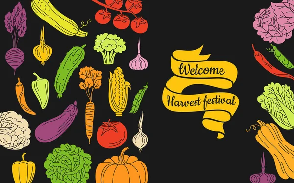 Vítejte Banner Sklizeň Festival Kreslenou Zeleninou Pozadí Farming Reklamní Plakát — Stockový vektor