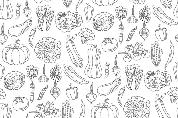 Warzywa Doodle Liniowy Bezszwowy Wzór Tapety Zdrowa Dieta Żywności Gospodarstwa — Wektor stockowy