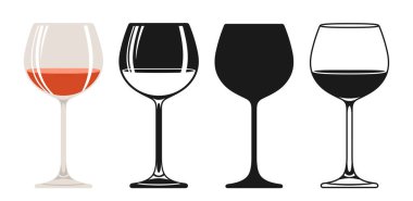 Şarap kadehi kırmızı şarap seti. Cam tasarım sembolü, siluet, ikon, pul oymalı alkol içecekleri. Kafe, bar restoranı menüsü, davetiye parti vektörü için şarap yapımı reklam tasarımı
