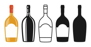 Şarap şişesi ve boş etiket seti, siluet, ikon, pul oyma tasarımı. Alkol içecekleri köpüklü şarap, şampanya likörü. Kutlama şarapları reklam şişeleri bar, restoran için maket.