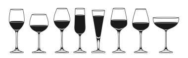 Şarap kadehi farklı tip işaret simgesi seti. Kırmızı bardaklar, köpüklü şaraplar şampanya, alkollü içecekler, çeşitli şekillerde oymalar. Kafe ve restoran için şarap yapımı monokrom reklam tasarımı