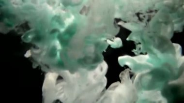 Suyun altında yavaşça dönen koyu bir arka planda izole edilmiş yeşil ve beyaz boya bulutları. Duman patlamasının renkli soyut animasyonu. Görüntüyü kapat