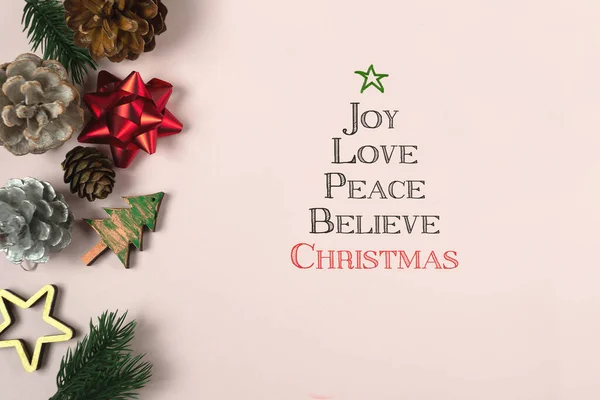 Christmas wishes in the form of a tree: joy,love,peace,believe.Christmas background with inspirational text on a conceptual image. Greeting card for happy holidays. — Stock Photo, Image