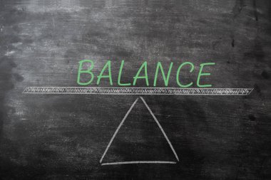 Harflerin dengelenmesi ve boş salıncak ya da denge terazisi çizilmesi siyah karatahta üzerinde kopya alanı ile. Uyum, çözüm, karşılaştırma veya ölçüm kavramı.