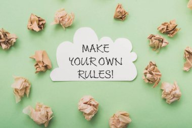 Phrase Make your Own Rules among scattered paper balls on light green background view from above. Create business plan. Independence and innovation