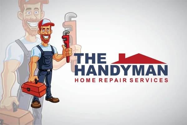Handyman Reparador Logo Hipster Homem Barbudo Desenho Animado Personagem Design —  Vetores de Stock