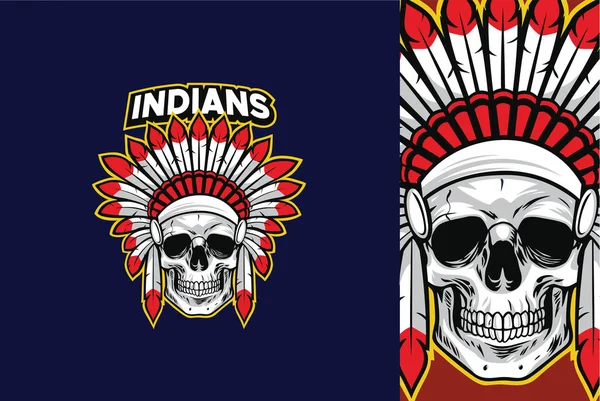 Indian Skull Chief Head Native American Warrior Logotyp Med Röd — Stock vektor