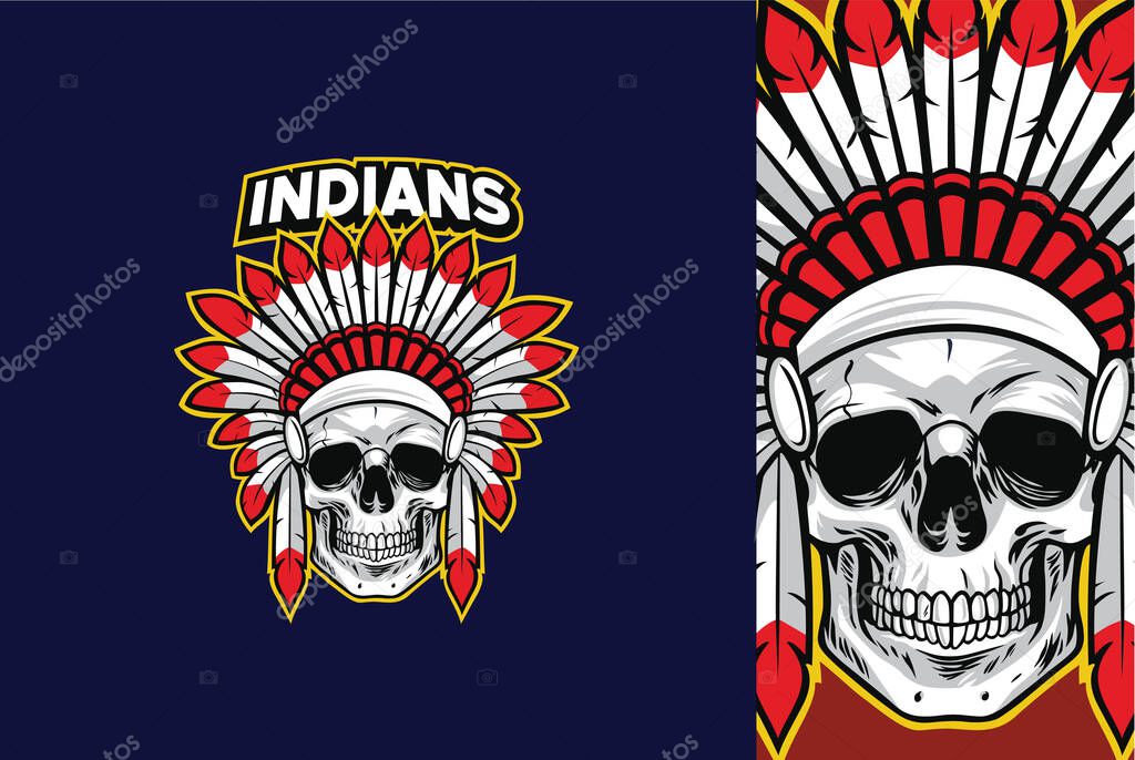Indian Skull Chief Head Native American Warrior Logo With Red Feather Vector Illustration Mascot Design Template
