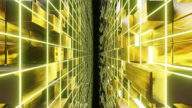 Bilim kurgu ve teknoloji yenilik sahnesinde reklam ve duvar kağıdı için 3 boyutlu illüstrasyon. Dekoratif konseptte 3B canlandırma.