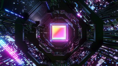 Bilim kurgu ve teknoloji yenilik sahnesinde reklam ve duvar kağıdı için 3 boyutlu illüstrasyon. Dekoratif konseptte 3B canlandırma.