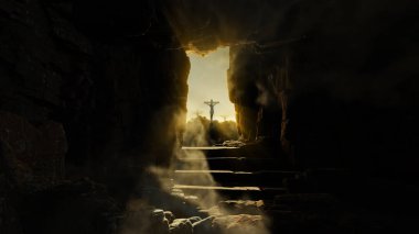 Din tarihi ve Hıristiyanlık sahnesinde reklamcılık ve duvar kağıdı için 3 boyutlu illüstrasyon. Festival konseptinde 3B canlandırma.