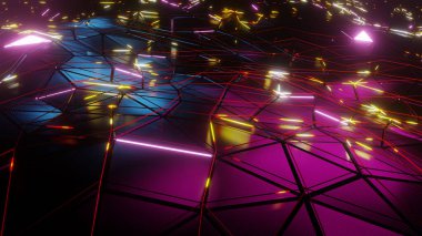 Reklam ve duvar kağıtları için retro ve bilim kurgu siber punk sahnesinde 3 boyutlu illüstrasyon. Dekoratif konseptte 3B canlandırma.