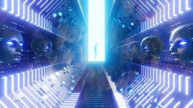 Bilim kurgu ve teknoloji yenilik sahnesinde reklam ve duvar kağıdı için 3 boyutlu illüstrasyon. Dekoratif konseptte 3B canlandırma.