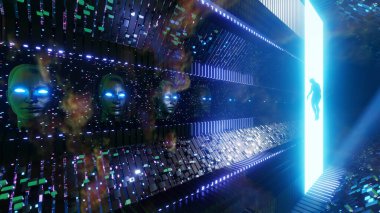 Bilim kurgu ve teknoloji yenilik sahnesinde reklam ve duvar kağıdı için 3 boyutlu illüstrasyon. Dekoratif konseptte 3B canlandırma.