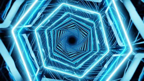 Bilim kurgu ve teknoloji yenilik sahnesinde reklam ve duvar kağıdı için 3 boyutlu illüstrasyon. Dekoratif konseptte 3B canlandırma.