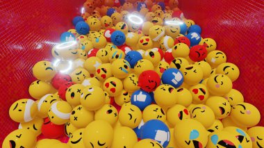 Sosyal medya ve emoji sahnesinde reklamcılık ve duvar kağıdı için 3 boyutlu illüstrasyon arka planı. Dekoratif konseptte 3B canlandırma.
