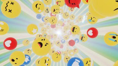 Sosyal medya ve emoji sahnesinde reklamcılık ve duvar kağıdı için 3 boyutlu illüstrasyon arka planı. Dekoratif konseptte 3B canlandırma.