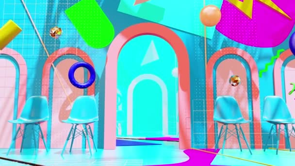 Krzesło Pastel Color Memphis Style Materiał Filmowy Filmów Elementach Geometrycznych — Wideo stockowe