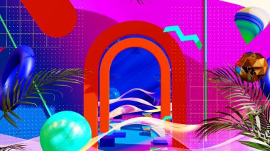 Reklam ve sanat retro ve memphis sanat sahnesinde duvar kâğıdı için 3 boyutlu illüstrasyon. Dekoratif konseptte 3B canlandırma.