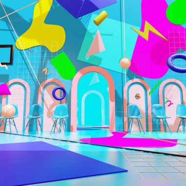 Reklam ve sanat retro ve memphis sanat sahnesinde duvar kâğıdı için 3 boyutlu illüstrasyon. Dekoratif konseptte 3B canlandırma.