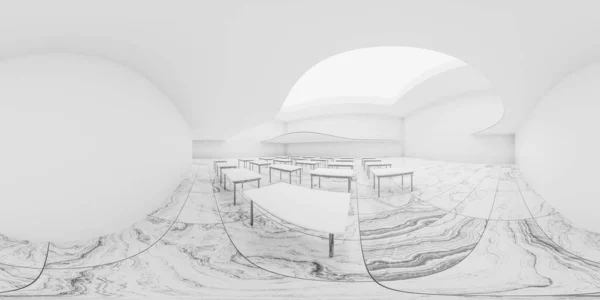 Πλήρης 360 μοίρες πανόραμα περιβάλλον χάρτη των κενών αφηρημένη λευκή τάξη με καρέκλες και τραπέζια 3d καθιστούν εικόνα hdri hdri vr στυλ — Φωτογραφία Αρχείου