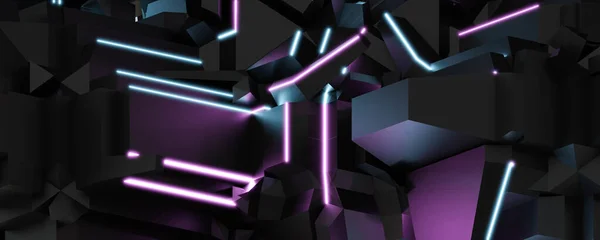 Futurystyczny abstrakcyjny neon niebieski i różowy retro sci-fi laserowe światło technologia tapety z kształtami sześciennymi 3D renderowania ilustracja — Zdjęcie stockowe