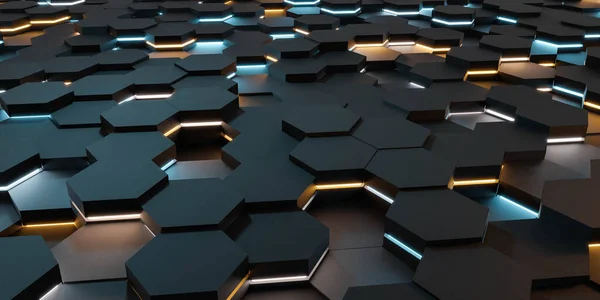 Dark abstract futuristic surface with hexagon objects and blue and orange lighting 3d render illustration — Photo