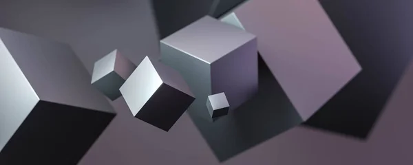 Abstrakte fliegende Würfel geometrische Formen mit blauer und violetter Neonbeleuchtung 3D-Darstellung — Stockfoto