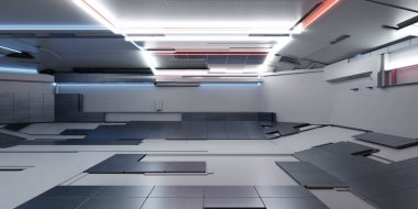 Modern fütüristik teknoloji istasyonu uzay gemisi bilim kurgu laboratuvarı 3D çizim