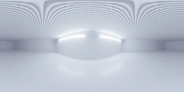 360 teljes gömb alakú panoráma üres fehér absztrakt szoba hideg világítással és fém falak 3d render illusztráció hdri hdr vr virtuális valóság környezet térkép — Stock Fotó