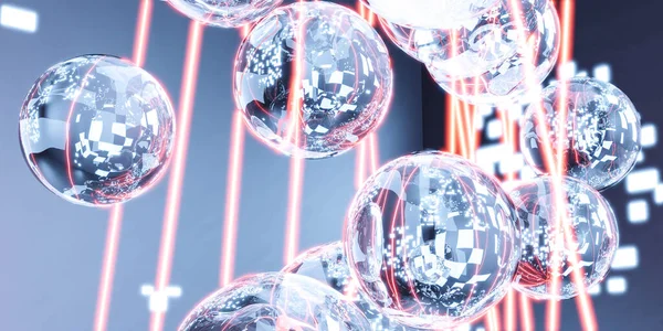 Голубой и оранжевый лазерные лучи со стеклянными шарами сферы с отражениями 3D рендеринг иллюстрации — стоковое фото