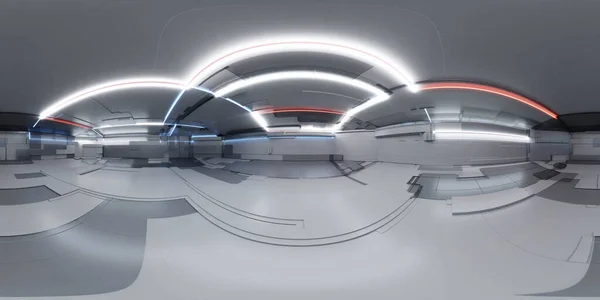 Modern fütüristik teknoloji istasyonu uzay gemisi bilim kurgu laboratuvarının 360 derecelik panoraması. 3d görüntüleme hdr hdri vr sanal gerçeklik ortamı haritası