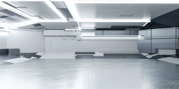 Moderno laboratorio de ciencia ficción de la nave espacial de la estación de tecnología futurista. ilustración de renderizado 3d — Foto de Stock