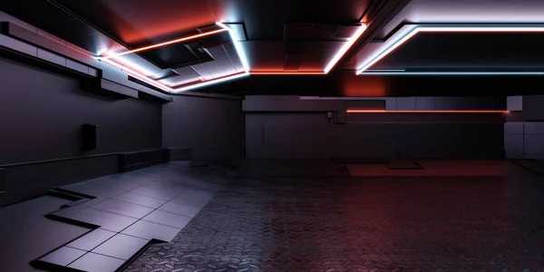 Темные современные футуристические технологии станции космического корабля sci-fi лаборатория 3D рендеринг иллюстрация — стоковое фото