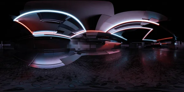 Πανόραμα 360 μοιρών του σκοτεινού σύγχρονου φουτουριστικού σταθμού τεχνολογίας διαστημικό σκάφος sci-fi εργαστήριο. 3D καθιστούν απεικόνιση hdr hdri vr εικονικό περιβάλλον πραγματικότητα χάρτη — Φωτογραφία Αρχείου