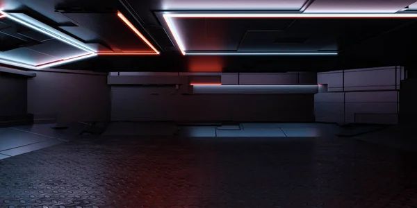 Темные современные футуристические технологии станции космического корабля sci-fi лаборатория 3D рендеринг иллюстрация — стоковое фото
