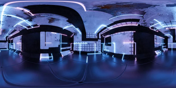 360 μοίρες πανόραμα του Νέον φως βιομηχανικό υπόγειο δωμάτιο με cyber punk σχεδιασμό και νέον μπλε και βιολετί φώτα 3d καθιστούν απεικόνιση hdr hdri vr εικονικό περιβάλλον πραγματικότητα χάρτη — Φωτογραφία Αρχείου