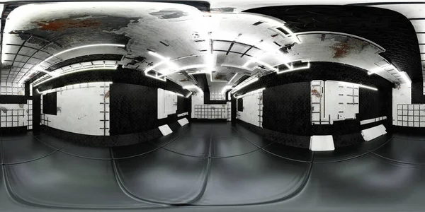 360 μοίρες πανόραμα του Νέον φως βιομηχανικό υπόγειο δωμάτιο με cyber punk σχεδιασμό και φωτεινά λευκά φώτα LED 3d καθιστούν εικόνα hdr hdri vr εικονικό περιβάλλον πραγματικότητα χάρτη — Φωτογραφία Αρχείου
