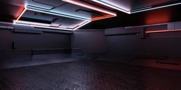 Σκούρο σύγχρονο φουτουριστικό εργοστάσιο τεχνολογίας διαστημικό πλοίο sci-fi εργαστήριο 3d καθιστούν εικονογράφηση — Φωτογραφία Αρχείου