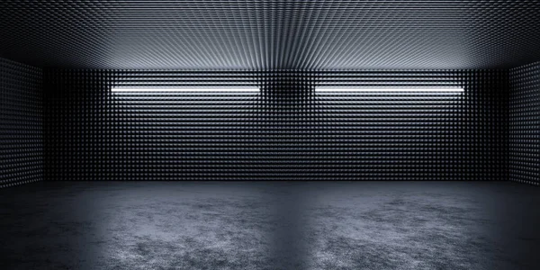Αφηρημένη conrete υπόγειο αίθουσα με μεταλλικούς τοίχους με κρύο φως και αντανακλάσεις 3d καθιστούν εικονογράφηση — Φωτογραφία Αρχείου