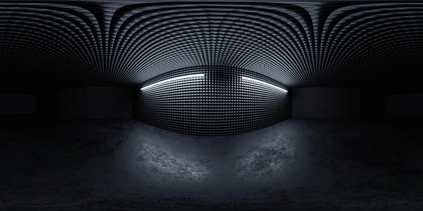360 panorama esférico completo de sala de sótano de conrete abstracto con paredes metálicas con luz fría y reflexiones 3d render ilustración hdri hdr vr realidad virtual mapa del medio ambiente —  Fotos de Stock
