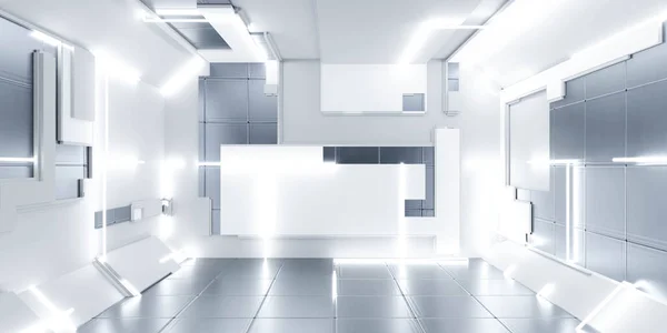Αφηρημένη φουτουριστική αίθουσα τεχνολογίας με μεταλλική επιφάνεια και LED φώτα 3d καθιστούν εικονογράφηση — Φωτογραφία Αρχείου