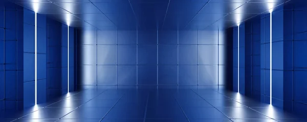 Abstrakcyjny niebieski retro futurystyczny design pokój z płytkami i jasne oświetlenie 3D renderowania ilustracja — Zdjęcie stockowe