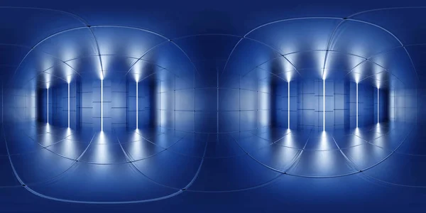 360 μοίρες πλήρης πανόραμα περιβάλλον χάρτη του αφηρημένου μπλε ρετρό φουτουριστικό δωμάτιο σχεδιασμού με πλακάκια και φωτεινό φωτισμό. 3D καθιστούν εικόνα hdri hdr vr εικονική πραγματικότητα — Φωτογραφία Αρχείου